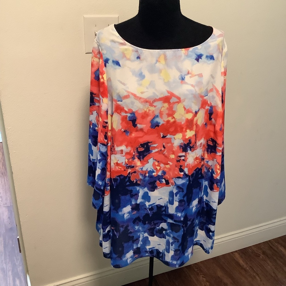 Rose + Olive Womens 1X Abstract Watercolor Blouse‎ Blue Orange 3/4 Sleeve Top